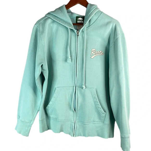 VINTAGE Roots Mint Green Zip Hoodie Chest Graphic Logo Pockets Canada Size L - Picture 2 of 11